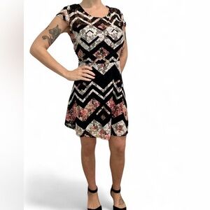 Material Girl Black Pink Geometric Floral Lace Fit & Flare Dress XL Short Sleeve